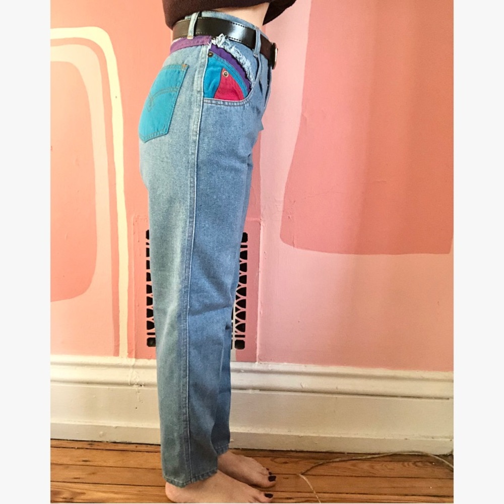 90s Vintage High Waisted Jeans With Patchwork - Picture 4 of 6